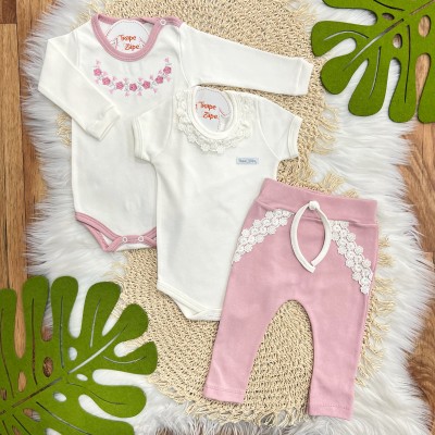 CONJ. DE MALHA 3 PEÇAS - Ramo Florido Rose - Off White e Rose
